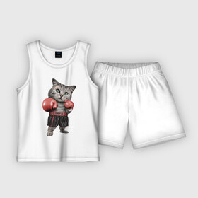 Детская пижама с шортами хлопок с принтом Кот боксёр в Петрозаводске,  |  | Тематика изображения на принте: боец | бокс | боксёр | кот | котёнок | кошак | кошка | кулак | спорт | шорты
