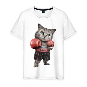 Мужская футболка хлопок с принтом Кот боксёр в Петрозаводске, 100% хлопок | прямой крой, круглый вырез горловины, длина до линии бедер, слегка спущенное плечо. | Тематика изображения на принте: боец | бокс | боксёр | кот | котёнок | кошак | кошка | кулак | спорт | шорты