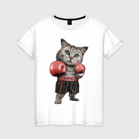 Женская футболка хлопок с принтом Кот боксёр в Петрозаводске, 100% хлопок | прямой крой, круглый вырез горловины, длина до линии бедер, слегка спущенное плечо | боец | бокс | боксёр | кот | котёнок | кошак | кошка | кулак | спорт | шорты