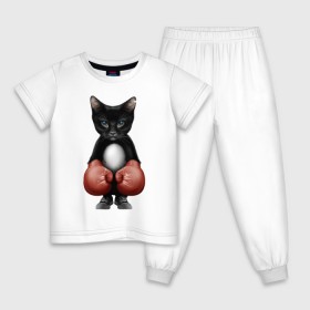 Детская пижама хлопок с принтом Котёнок боксёр в Петрозаводске, 100% хлопок |  брюки и футболка прямого кроя, без карманов, на брюках мягкая резинка на поясе и по низу штанин
 | Тематика изображения на принте: боец | бокс | боксёр | кот | котёнок | кошак | кошка | кулак | спорт | шорты