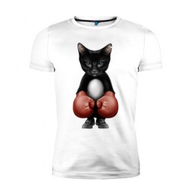 Мужская футболка премиум с принтом Котёнок боксёр в Петрозаводске, 92% хлопок, 8% лайкра | приталенный силуэт, круглый вырез ворота, длина до линии бедра, короткий рукав | Тематика изображения на принте: боец | бокс | боксёр | кот | котёнок | кошак | кошка | кулак | спорт | шорты