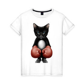 Женская футболка хлопок с принтом Котёнок боксёр в Петрозаводске, 100% хлопок | прямой крой, круглый вырез горловины, длина до линии бедер, слегка спущенное плечо | боец | бокс | боксёр | кот | котёнок | кошак | кошка | кулак | спорт | шорты