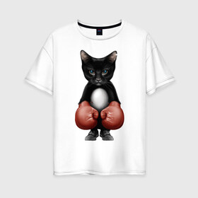 Женская футболка хлопок Oversize с принтом Котёнок боксёр в Петрозаводске, 100% хлопок | свободный крой, круглый ворот, спущенный рукав, длина до линии бедер
 | боец | бокс | боксёр | кот | котёнок | кошак | кошка | кулак | спорт | шорты