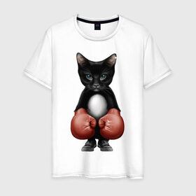 Мужская футболка хлопок с принтом Котёнок боксёр в Петрозаводске, 100% хлопок | прямой крой, круглый вырез горловины, длина до линии бедер, слегка спущенное плечо. | Тематика изображения на принте: боец | бокс | боксёр | кот | котёнок | кошак | кошка | кулак | спорт | шорты