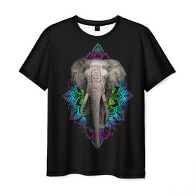 Мужская футболка 3D с принтом Индийский Слон в Петрозаводске, 100% полиэфир | прямой крой, круглый вырез горловины, длина до линии бедер | Тематика изображения на принте: africa | elephant | elephants | india | ornament | pattern | skin | tusks | африка | бивни | индия | кожа | орнамент | слон | слоненок | слоник | слоники | слоны | слонята | узор | хобот