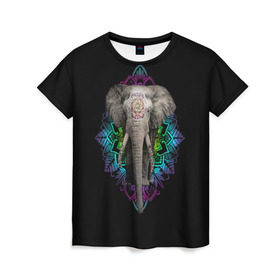 Женская футболка 3D с принтом Индийский Слон в Петрозаводске, 100% полиэфир ( синтетическое хлопкоподобное полотно) | прямой крой, круглый вырез горловины, длина до линии бедер | africa | elephant | elephants | india | ornament | pattern | skin | tusks | африка | бивни | индия | кожа | орнамент | слон | слоненок | слоник | слоники | слоны | слонята | узор | хобот
