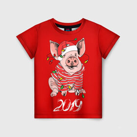 Детская футболка 3D с принтом Полосатый поросенок в Петрозаводске, 100% гипоаллергенный полиэфир | прямой крой, круглый вырез горловины, длина до линии бедер, чуть спущенное плечо, ткань немного тянется | 2019 | боров | гирлянда | год | голова | дед мороз | домашнее | елочная | животное | клаус | костюм | красная | мода | новый год | подарок | поздравление | полосатый | поросенок | праздник | профиль