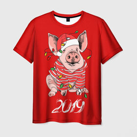 Мужская футболка 3D с принтом Полосатый поросенок в Петрозаводске, 100% полиэфир | прямой крой, круглый вырез горловины, длина до линии бедер | 2019 | боров | гирлянда | год | голова | дед мороз | домашнее | елочная | животное | клаус | костюм | красная | мода | новый год | подарок | поздравление | полосатый | поросенок | праздник | профиль