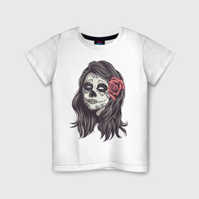Детская футболка хлопок с принтом Mexican girl в Петрозаводске, 100% хлопок | круглый вырез горловины, полуприлегающий силуэт, длина до линии бедер | девушка | зомби | мексика | паутина | роза | тату | хэллоуин | череп