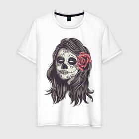 Мужская футболка хлопок с принтом Mexican girl в Петрозаводске, 100% хлопок | прямой крой, круглый вырез горловины, длина до линии бедер, слегка спущенное плечо. | девушка | зомби | мексика | паутина | роза | тату | хэллоуин | череп