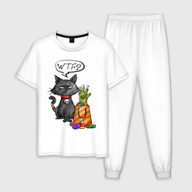 Мужская пижама хлопок с принтом Кот хэллоуин в Петрозаводске, 100% хлопок | брюки и футболка прямого кроя, без карманов, на брюках мягкая резинка на поясе и по низу штанин
 | зомби | кот | подарки | подарок | рука | хэллоуин