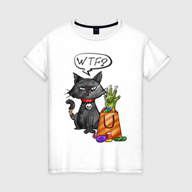 Женская футболка хлопок с принтом Кот хэллоуин в Петрозаводске, 100% хлопок | прямой крой, круглый вырез горловины, длина до линии бедер, слегка спущенное плечо | зомби | кот | подарки | подарок | рука | хэллоуин