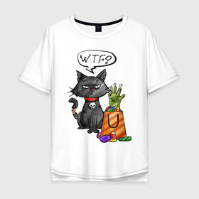 Мужская футболка хлопок Oversize с принтом Кот хэллоуин в Петрозаводске, 100% хлопок | свободный крой, круглый ворот, “спинка” длиннее передней части | зомби | кот | подарки | подарок | рука | хэллоуин