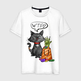 Мужская футболка хлопок с принтом Кот хэллоуин в Петрозаводске, 100% хлопок | прямой крой, круглый вырез горловины, длина до линии бедер, слегка спущенное плечо. | зомби | кот | подарки | подарок | рука | хэллоуин