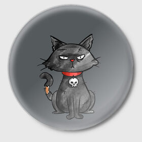 Значок с принтом Кот бедолага в Петрозаводске,  металл | круглая форма, металлическая застежка в виде булавки | кот | череп | черный