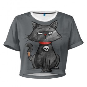 Женская футболка 3D укороченная с принтом Кот бедолага в Петрозаводске, 100% полиэстер | круглая горловина, длина футболки до линии талии, рукава с отворотами | кот | череп | черный