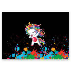 Поздравительная открытка с принтом Радужный единорог в Петрозаводске, 100% бумага | плотность бумаги 280 г/м2, матовая, на обратной стороне линовка и место для марки
 | dab | dab единорог | dabbing unicorn | unicorn | брызги красок | единорог радуга | краски | прикольные картинки | радуга | радужные краски | радужный единорог