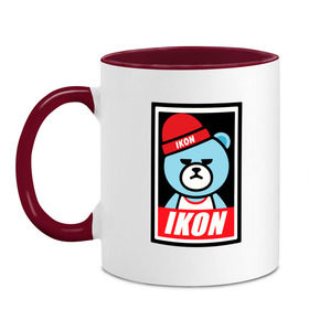 Кружка двухцветная с принтом IKON bear в Петрозаводске, керамика | объем — 330 мл, диаметр — 80 мм. Цветная ручка и кайма сверху, в некоторых цветах — вся внутренняя часть | ikon | k pop | return | айкон