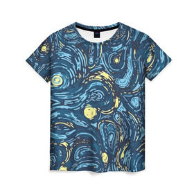 Женская футболка 3D с принтом Ван Гог. Звездная Ночь в Петрозаводске, 100% полиэфир ( синтетическое хлопкоподобное полотно) | прямой крой, круглый вырез горловины, длина до линии бедер | вангог | живопись | искусство | картина | краска | синий | художник