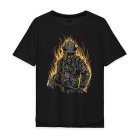 Мужская футболка хлопок Oversize с принтом Пожарный в Петрозаводске, 100% хлопок | свободный крой, круглый ворот, “спинка” длиннее передней части | искры | маска | мужик | мчс | огонь | охрана | пламя | пожар | пожарные | спасатели | топор | шлем