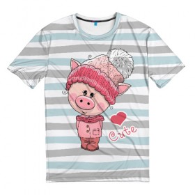Мужская футболка 3D с принтом Милая свинка в Петрозаводске, 100% полиэфир | прямой крой, круглый вырез горловины, длина до линии бедер | 2019 | боров | взгляд | год | домашнее | животное | костюм | красная | милая | мода | новый год | пальто | подарок | поздравление | поросенок | праздник | рисунок | рождество | румянец | с новым годом