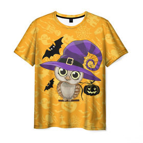 Мужская футболка 3D с принтом Совушка и хэллоуин в Петрозаводске, 100% полиэфир | прямой крой, круглый вырез горловины, длина до линии бедер | halloween | летучая мышь | подарок на хэллоуин | прикольная сова | сова | сова и хэллоуин | совушка | тыква | тыква на хэллоуин | хэллоуин