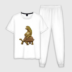 Мужская пижама хлопок с принтом Speed is Relative в Петрозаводске, 100% хлопок | брюки и футболка прямого кроя, без карманов, на брюках мягкая резинка на поясе и по низу штанин
 | ленивец | лень | медленно | медлительный | тормоз | черепаха