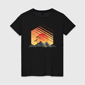Женская футболка хлопок с принтом Закат солнца над горами в Петрозаводске, 100% хлопок | прямой крой, круглый вырез горловины, длина до линии бедер, слегка спущенное плечо | 