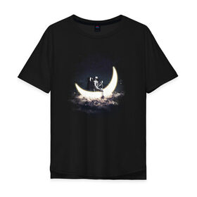 Мужская футболка хлопок Oversize с принтом Лунная лодка в Петрозаводске, 100% хлопок | свободный крой, круглый ворот, “спинка” длиннее передней части | астронавт | вода | галактика | звезды | космонавт | космос | лодка | луна | месяц | млечный путь | облака | озера | река | скафандр | тучи