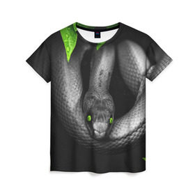Женская футболка 3D с принтом Змея в Петрозаводске, 100% полиэфир ( синтетическое хлопкоподобное полотно) | прямой крой, круглый вырез горловины, длина до линии бедер | гадюка | животные | змея | листья | природа | удав | черно белое | черное и белое