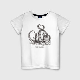 Детская футболка хлопок с принтом Кракен в Петрозаводске, 100% хлопок | круглый вырез горловины, полуприлегающий силуэт, длина до линии бедер | корабль | кракен | монстр | море | осьминог