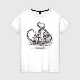 Женская футболка хлопок с принтом Кракен в Петрозаводске, 100% хлопок | прямой крой, круглый вырез горловины, длина до линии бедер, слегка спущенное плечо | корабль | кракен | монстр | море | осьминог