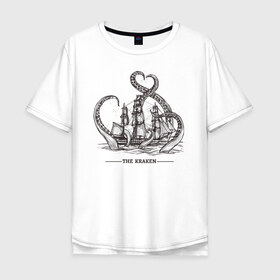Мужская футболка хлопок Oversize с принтом Кракен в Петрозаводске, 100% хлопок | свободный крой, круглый ворот, “спинка” длиннее передней части | корабль | кракен | монстр | море | осьминог