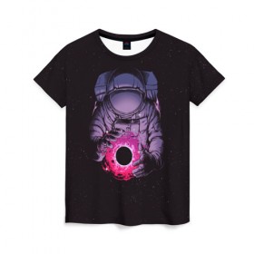 Женская футболка 3D с принтом Карманная вселенная в Петрозаводске, 100% полиэфир ( синтетическое хлопкоподобное полотно) | прямой крой, круглый вырез горловины, длина до линии бедер | астронавт | вселенная | галактика | звезда | космонавт | космос | свет | скафандр | солнце | стекло | тени | черная дыра