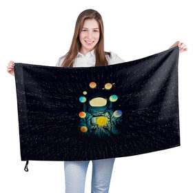 Флаг 3D с принтом Космический жонглер в Петрозаводске, 100% полиэстер | плотность ткани — 95 г/м2, размер — 67 х 109 см. Принт наносится с одной стороны | астронавт | венера | вселенная | галактика | звезда | земля | космонавт | космос | марс | меркурий | планеты | сатурн | свет | скафандр | солнце | стекло | тени | уран | юпитер