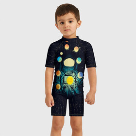 Детский купальный костюм 3D с принтом Космический жонглер в Петрозаводске, Полиэстер 85%, Спандекс 15% | застежка на молнии на спине | астронавт | венера | вселенная | галактика | звезда | земля | космонавт | космос | марс | меркурий | планеты | сатурн | свет | скафандр | солнце | стекло | тени | уран | юпитер