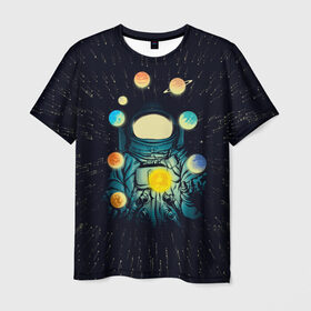 Мужская футболка 3D с принтом Космический жонглер в Петрозаводске, 100% полиэфир | прямой крой, круглый вырез горловины, длина до линии бедер | астронавт | венера | вселенная | галактика | звезда | земля | космонавт | космос | марс | меркурий | планеты | сатурн | свет | скафандр | солнце | стекло | тени | уран | юпитер