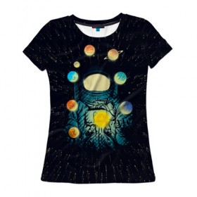 Женская футболка 3D с принтом Космический жонглер в Петрозаводске, 100% полиэфир ( синтетическое хлопкоподобное полотно) | прямой крой, круглый вырез горловины, длина до линии бедер | астронавт | венера | вселенная | галактика | звезда | земля | космонавт | космос | марс | меркурий | планеты | сатурн | свет | скафандр | солнце | стекло | тени | уран | юпитер