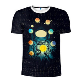 Мужская футболка 3D спортивная с принтом Космический жонглер в Петрозаводске, 100% полиэстер с улучшенными характеристиками | приталенный силуэт, круглая горловина, широкие плечи, сужается к линии бедра | астронавт | венера | вселенная | галактика | звезда | земля | космонавт | космос | марс | меркурий | планеты | сатурн | свет | скафандр | солнце | стекло | тени | уран | юпитер