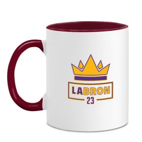 Кружка двухцветная с принтом Lebron - Lakers в Петрозаводске, керамика | объем — 330 мл, диаметр — 80 мм. Цветная ручка и кайма сверху, в некоторых цветах — вся внутренняя часть | Тематика изображения на принте: 