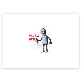 Поздравительная открытка с принтом Человеконенавистник в Петрозаводске, 100% бумага | плотность бумаги 280 г/м2, матовая, на обратной стороне линовка и место для марки
 | all | bender | doctor | futurama | humans | kill | mult | robot | simpsons | space | trust | zoidberg | бендер | зойдберг | космос | мульт | мультик | мультфильм | робот | симпсоны | футурама