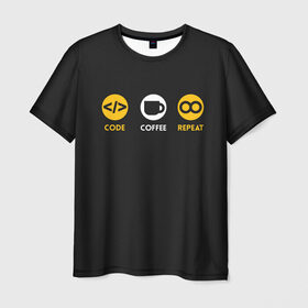 Мужская футболка 3D с принтом Code Coffee Repeat в Петрозаводске, 100% полиэфир | прямой крой, круглый вырез горловины, длина до линии бедер | admin | administrator | calm | code | coder | coding | engineer | job | keep | programmer | администратор | айти | инженер | код | кодинг | программа | программист | профессия | сисадмин