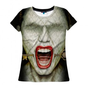 Женская футболка 3D с принтом American Horror Story в Петрозаводске, 100% полиэфир ( синтетическое хлопкоподобное полотно) | прямой крой, круглый вырез горловины, длина до линии бедер | ahs | american horror story | hotel | американская история ужасов | губы | ключ | лицо
