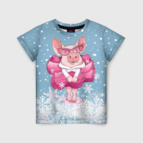Детская футболка 3D с принтом Свинка в розовом в Петрозаводске, 100% гипоаллергенный полиэфир | прямой крой, круглый вырез горловины, длина до линии бедер, чуть спущенное плечо, ткань немного тянется | 2019 | год свиньи | милая свинка | новогодний подарок | новый год | новый год 2019 | подарок на новый год | прикольная свинка | свинка в розовом | свинья | символ 2019 года | снег | снежинки
