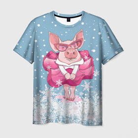 Мужская футболка 3D с принтом Свинка в розовом в Петрозаводске, 100% полиэфир | прямой крой, круглый вырез горловины, длина до линии бедер | Тематика изображения на принте: 2019 | год свиньи | милая свинка | новогодний подарок | новый год | новый год 2019 | подарок на новый год | прикольная свинка | свинка в розовом | свинья | символ 2019 года | снег | снежинки