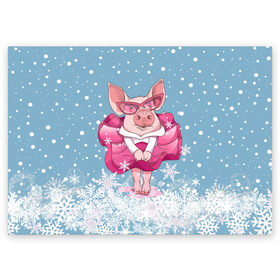 Поздравительная открытка с принтом Свинка в розовом в Петрозаводске, 100% бумага | плотность бумаги 280 г/м2, матовая, на обратной стороне линовка и место для марки
 | Тематика изображения на принте: 2019 | год свиньи | милая свинка | новогодний подарок | новый год | новый год 2019 | подарок на новый год | прикольная свинка | свинка в розовом | свинья | символ 2019 года | снег | снежинки