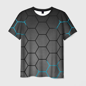 Мужская футболка 3D с принтом Плиты с Энергией в Петрозаводске, 100% полиэфир | прямой крой, круглый вырез горловины, длина до линии бедер | Тематика изображения на принте: hexagon | metal | pattern | steel | броня | гексагон | метал | плиты | сталь | текстура
