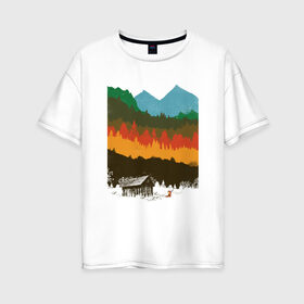 Женская футболка хлопок Oversize с принтом Дикая природа в Петрозаводске, 100% хлопок | свободный крой, круглый ворот, спущенный рукав, длина до линии бедер
 | горы | дикая природа | дом | лес | лиса | минимализм | развалины | сарай