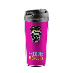 Термокружка-непроливайка с принтом Freddie Mercury_pink в Петрозаводске, внутренняя часть — пищевой пластик, наружная часть — прозрачный пластик, между ними — полиграфическая вставка с рисунком | объем — 350 мл, герметичная крышка | 