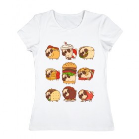 Женская футболка хлопок с принтом Мопсы в Петрозаводске, 100% хлопок | прямой крой, круглый вырез горловины, длина до линии бедер, слегка спущенное плечо | fastfood | pug | бургер | еда | кола | пицца | собака | фастфуд | хотдог | чипсы | шаурма